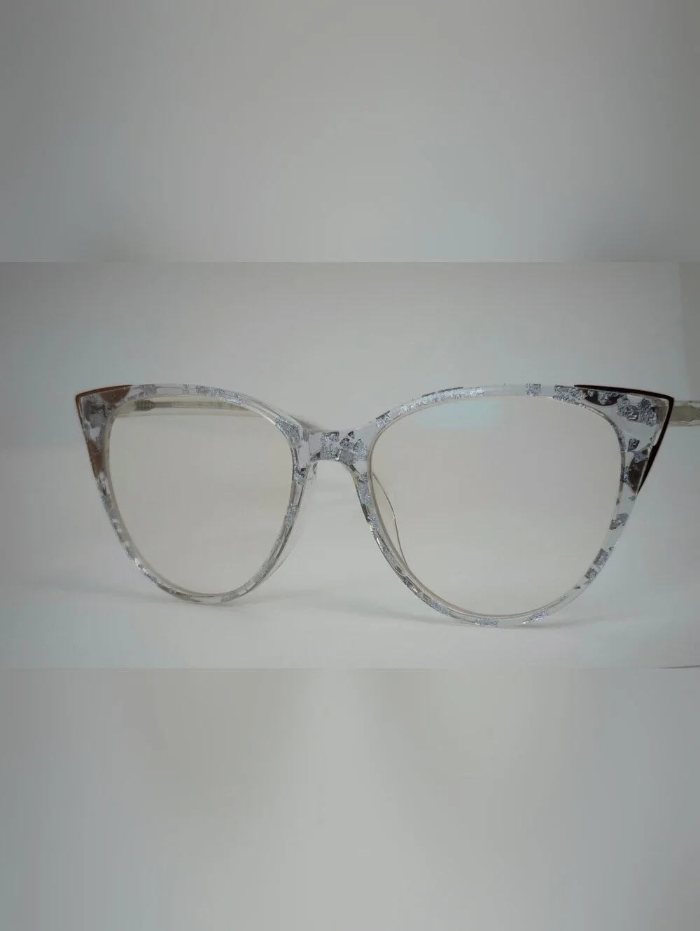 Celebrate. Clear Silver-Accent Cat Eye Womens Glasses. Rose Gold Corners.